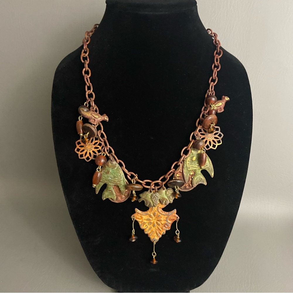 1970s Brutalist-style mixed metal statement charm necklace- 
21” length